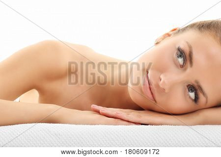 Woman face portrait isolated on white with healthy skin