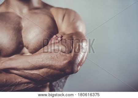 Brutal Caucasian Handsome Fitness Men On Diet Training Chest Pumping