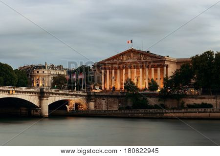 Paris River Seine panorama with Pont de la Concorde and Assemblee Nationale