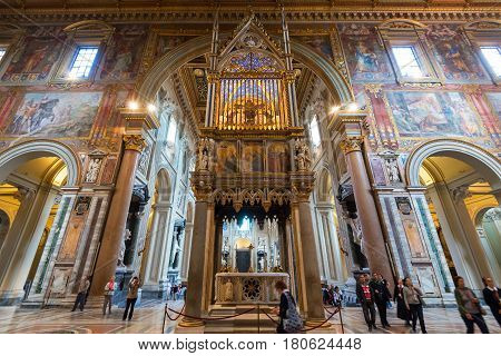 ROME, ITALY - MAY 14, 2014: Interior of the Basilica di San Giovanni in Laterano (Papal Archbasilica of St. John Lateran) with 14th-century Gothic baldacchino.This basilica is the most important in the Catholic world.