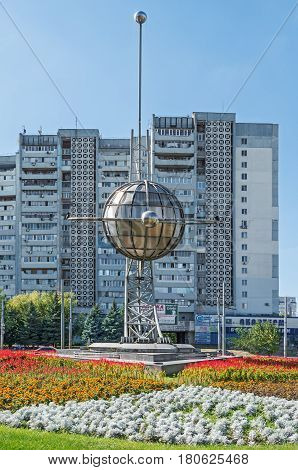 Dnipro Ukraine - September 14 2017: Monument of stainless steel in honor of the missile Production Association Yuzhny Machine-Building Plant