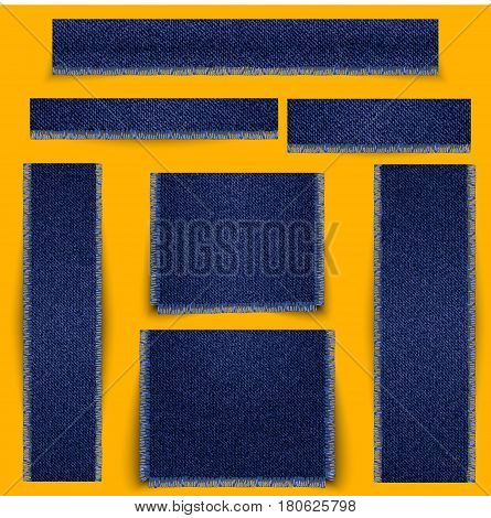 Textured banners set. Texture of blue denim fabric with fringe. Vector illustration