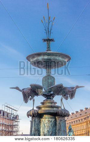 The stork foutain at Amagertorv from 1894 in the Pedestrian Street Stroget Copenhagen Denmark 2017