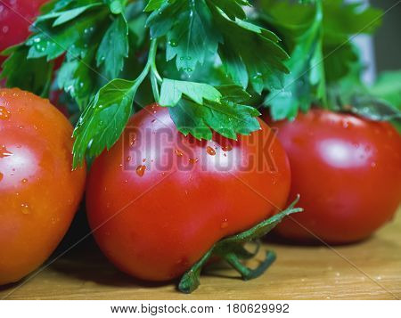 The greens and fresh vegetables close up
