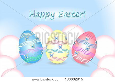Happy Easter. Easter eggs on a blue background. Vector illustration