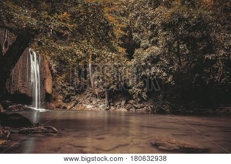 The waterfall is name Erawan .In the forest.