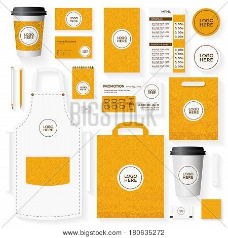 Corporate identity template set with place for logo and pattern for bread house, cupcake firm, food market, bakery shop, loaf store, cafe. Set of card, flyer, menu, package, uniform.