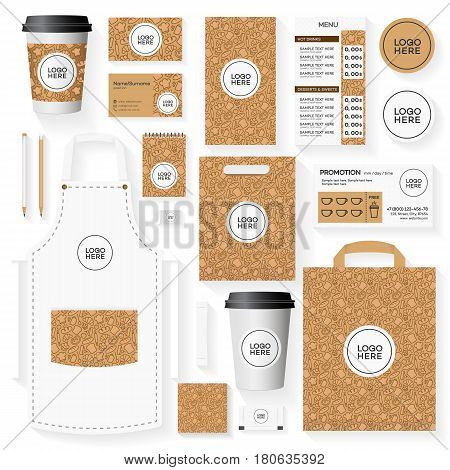 Corporate identity template set with place for logo and pattern for bakery shop, loaf store, bread house, cupcake firm, food market, cafe. Set of card, flyer, menu, package, uniform.