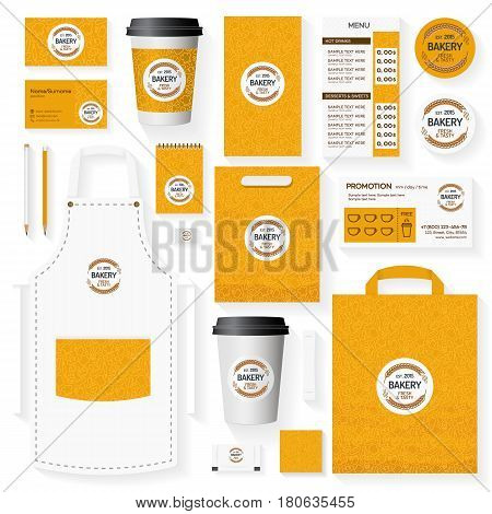 Bakery corporate identity template set with logo consisting of two spica for loaf store, bread house, cupcake firm, food market, cafe. Set of card, flyer, menu, package, uniform.