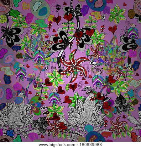 Pattern On Pink Background. Vector Colorful Mehndi Seamless Pattern. Ornamental Floral Elements With
