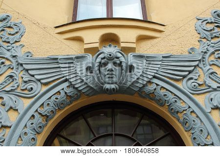 28.April 2016 Riga Latvia. Art Nouveau building facade fragment Meistaru 10 street Riga Latvia