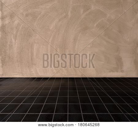 Cement wall and tile floor background and texture.