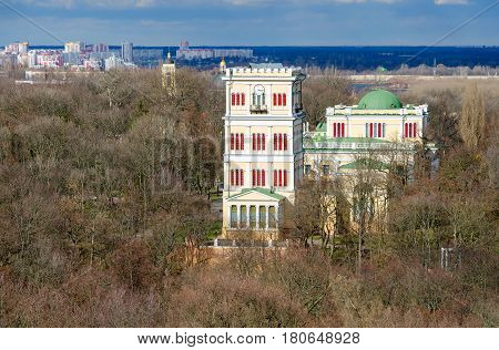 Top view of spring park and Rumyantsev-Paskevich Palace Gomel Belarus