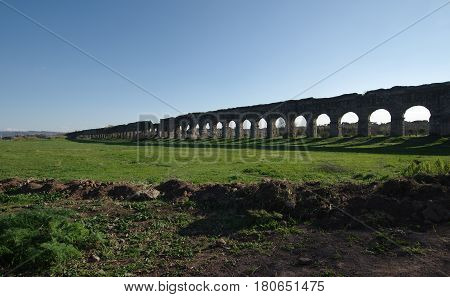Aqueduct park or Parco degli Acquedotti the ruins of Ancient Roman aqueducts in Rome Italy.