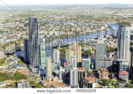 BRISBANE, AUSTRALIA - OCTOBER 18 2016: Aerial view of Brisbane riverside looking towards New Farm and the riverwalk