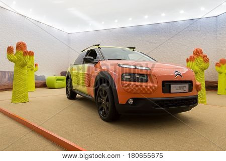 MILAN ITALY - APRIL 7: Citroen C4 Cactus on display at Fuorisalone set of events distributed in different areas of the town during Milan Design Week on APRIL 7 2017 in Milan.