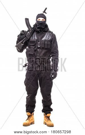 One Caucasian Army Soldier Man Portrait On Guard On Studio Isolated On White Background