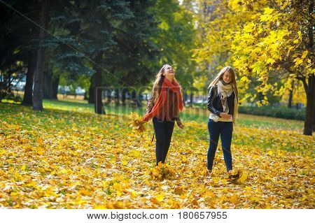Mellow autumn. Two girls are students cheerfully spend time in the city park. Good weather blue sky. Girlfriends throw armfuls of dry yellow leaves up and rejoice as children.