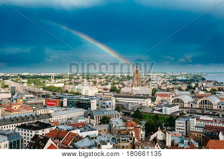 Riga, Latvia - July 1, 2016: Riga, Latvia. Building of Latvian Academy of Sciences, built on model of Moscow Stalin skyscrapers . Bureau and administration of Academy of Sciences, humanitarian institutions, Council for Science.