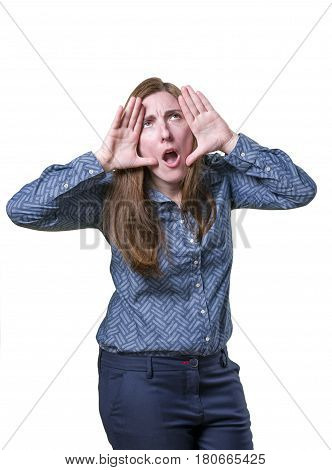 Pretty Business Woman Making Surprised Gesture Over White Background