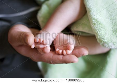 Baby feet cupped into mothers lovely hands with soft focus on babie's foot