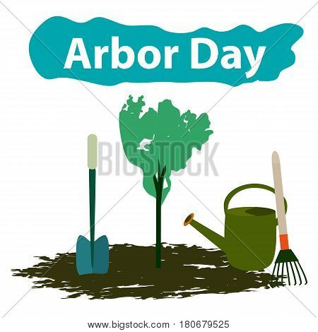 Arbor Day. 29 April. Tree. Garden tools. Shovel rake watering can Vector illustration