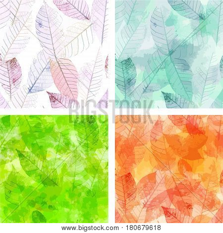 A set of vector backgrounds with skeleton leaves, representing the four seasons of the year, toned in the hues of each season