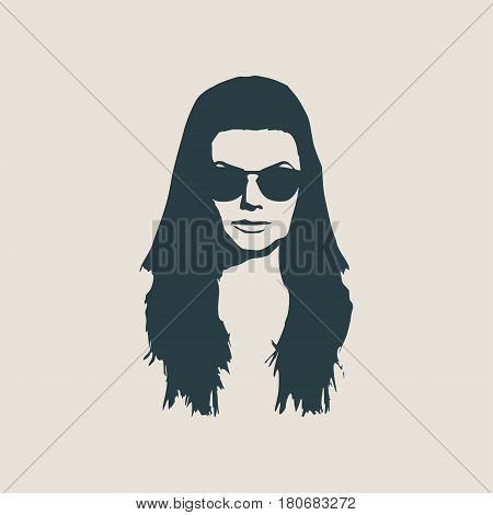 Portrait of beautiful woman in black sunglasses. Long hair. Vector version. Front view