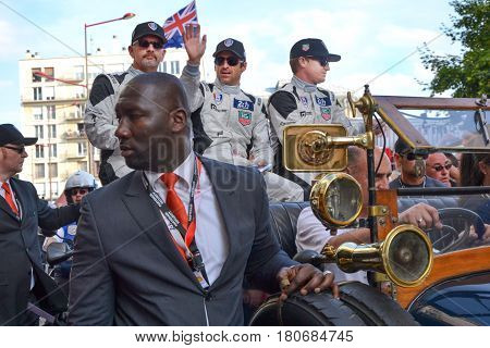 LE MANS FRANCE - JUNE 13 2014: Patrick Dempsey and his team on parade of pilots racing in Le Mans France.