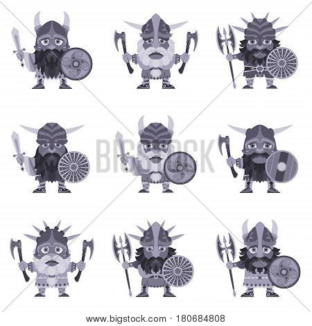 Set of Vikings. Vector illustration of warriors with ax sword symmetrical double-bitted axe and armor. A medieval man in a costume with weapon and shield in hand. Isolated character in a flat style