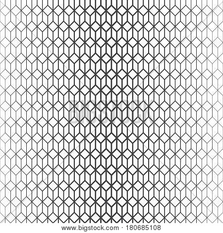 Vector seamless pattern. Abstract halftone background. Modern stylish texture. Repeating grid with hexagons and rhombuses with decreasing contour thickness. Gradation from bigger to smaller.