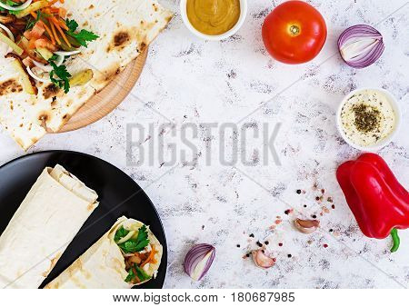 Shawarma Sandwich With Ingredients On White Background. Top View