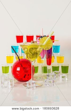 Colorful Set Of Drinks, Color Drink Decorated With Fruit, Many Color Kamikaze Drink, Shot Drinks
