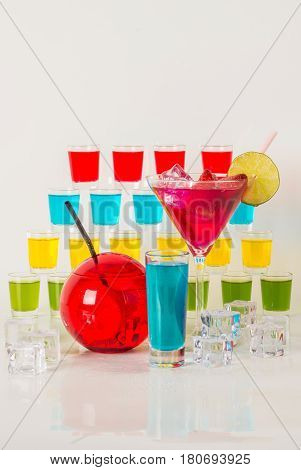 Colorful Set Of Drinks, Color Drink Decorated With Fruit, Many Color Kamikaze Drink, Shot Drinks