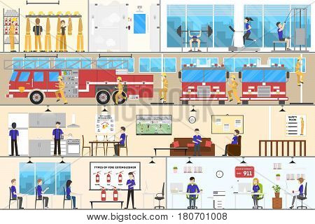 Fire station nterior set. Garage with cars, offices and more.