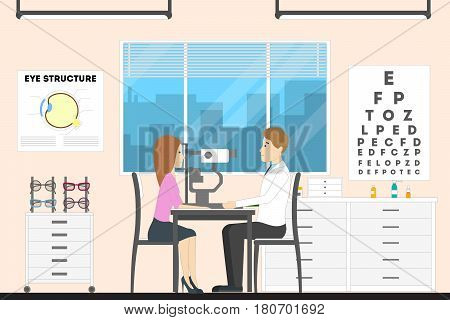 Oculist at clinic. Doctor examines a woman.