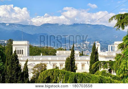 LIVADIA, RUSSIA - MAY 17, 2016: Livadia Palace near city of Yalta. Livadia Palace in Crimea was a summer retreat of the last Russian tsar Nicholas II. The Yalta Conference was held there in 1945.