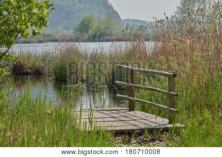 old wooden bridge on peatland in spring