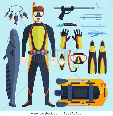 Set of flat elements for spearfishing in sea rivers and lakes. Underwater protective sea diver equipment. Vector professional hunter scuba harpoon.