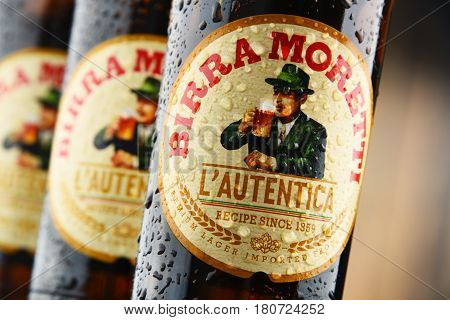 POZNAN POLAND - MAR 31 2017: Birra Moretti Italian brewing company founded in Udine in 1859 by Luigi Moretti now owned by Heineken International