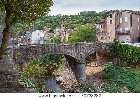 River along the old town Largentiere in the Ardeche region of France