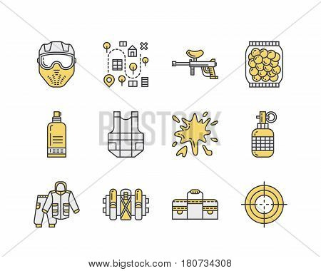 Paintball game line icons. Outdoor sport equipment, paint ball marker, uniform, mask, chest protection. Extreme leisure thin linear signs.