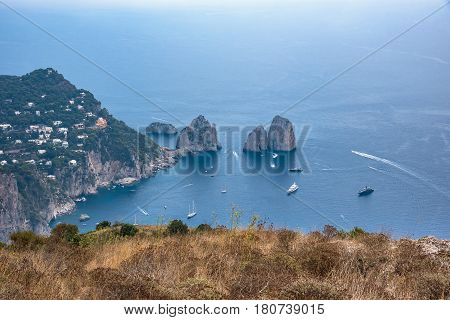 Aerial view of faraglioni rocks from Monte Solaro on Capri Island Italy