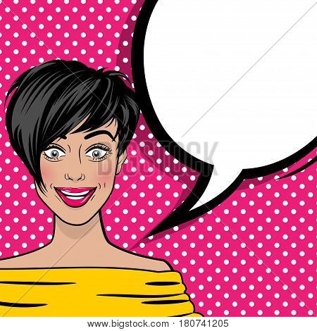 Comic book retro texture halftone pink background. Beautiful sexy girl cool hairstyle, smiling in pop art stule. Vector vintage dot illustration. Empty blank comic text speech bubble.