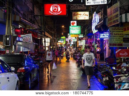 Pattaya, Thailand - October 12, 2016: Crowded Night Street Full With Discotheques And Bars