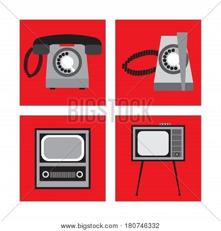 Set appliances in retro style, telephone set, TV, vector illustration
