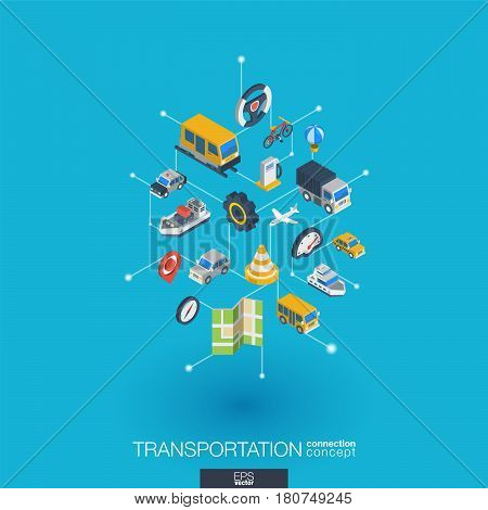 Transportation integrated 3d web icons. Digital network isometric interact concept. Connected graphic design dot and line system. Abstract background for traffic, navigation service. Vector Infograph