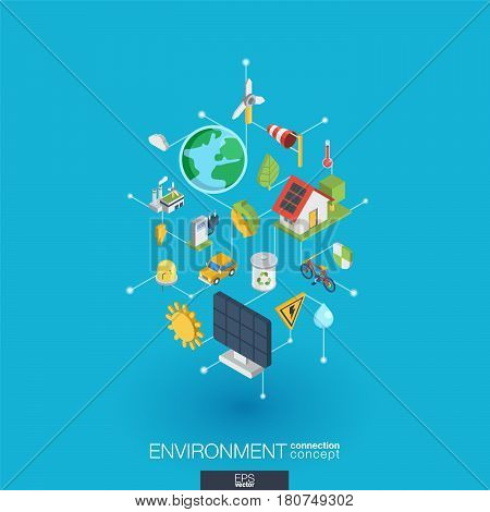 Environmental integrated 3d web icons. Digital network isometric interact concept. Connected graphic design dot and line system. Abstract background for ecology, recycle and energy. Vector Infograph