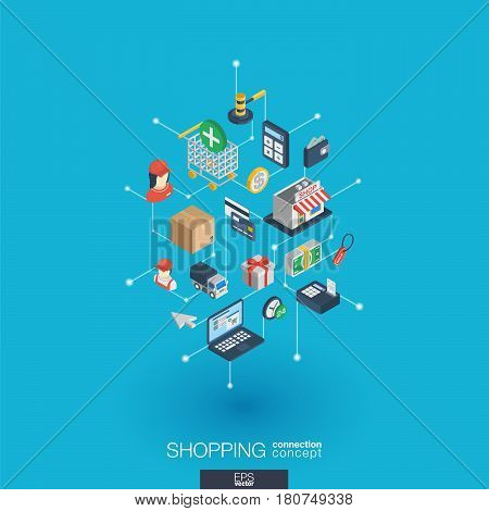 Shopping integrated 3d web icons. Digital network isometric interact concept. Connected graphic design dot and line system. Abstract background for ecommerce, market and online sales. Vector Infograph
