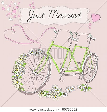 Vintage drawing marriage poster with tandem bicycle for just married couple chamomiles pink ribbon and hearts vector illustration